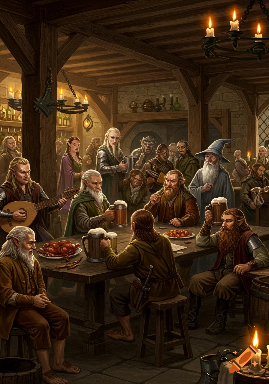 Fantasy characters, including elves, dwarves, and a wizard, socialize in a warm tavern.