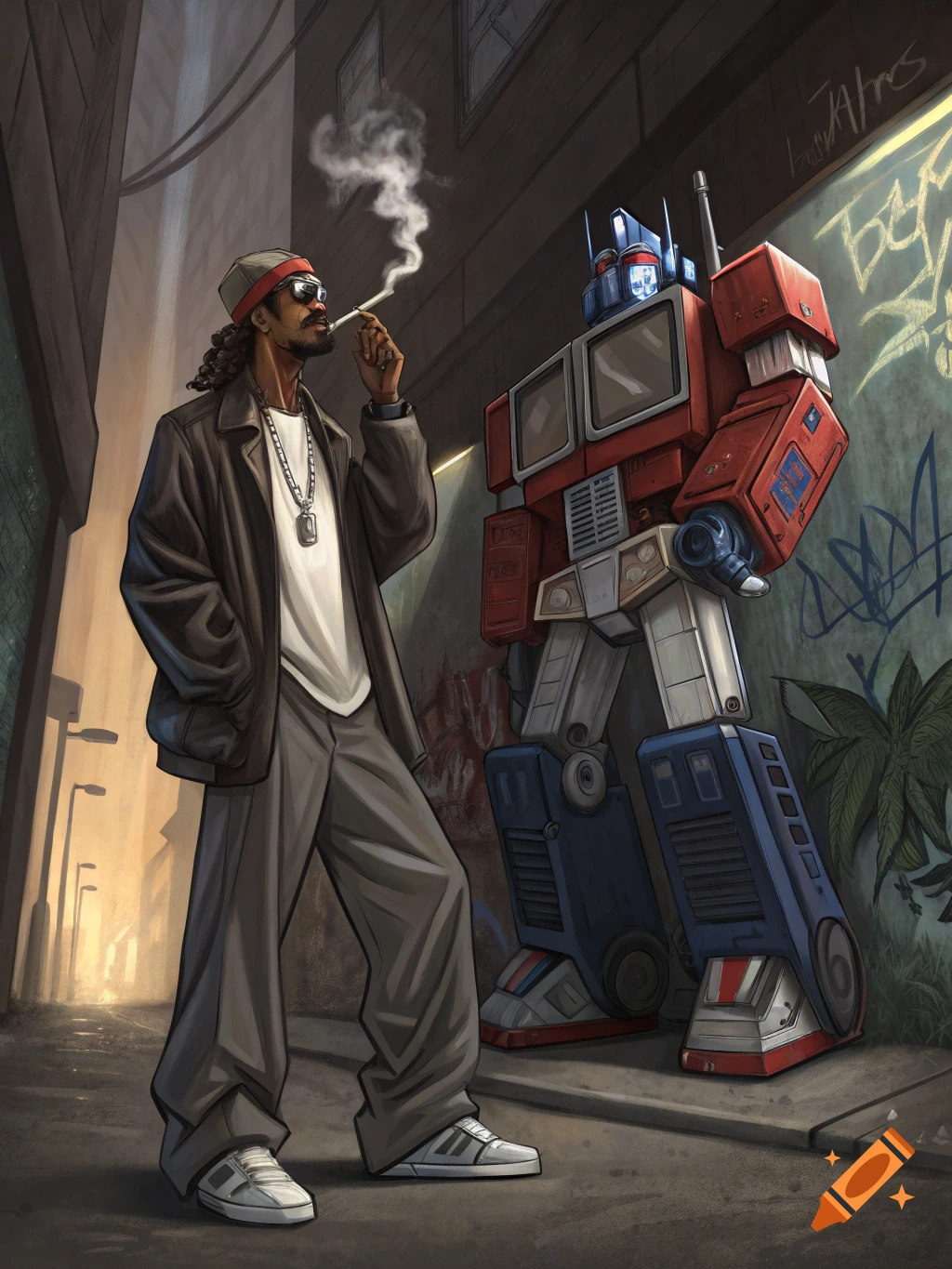 Snoop Dogg smoking next to Optimus Prime in an alley with graffiti