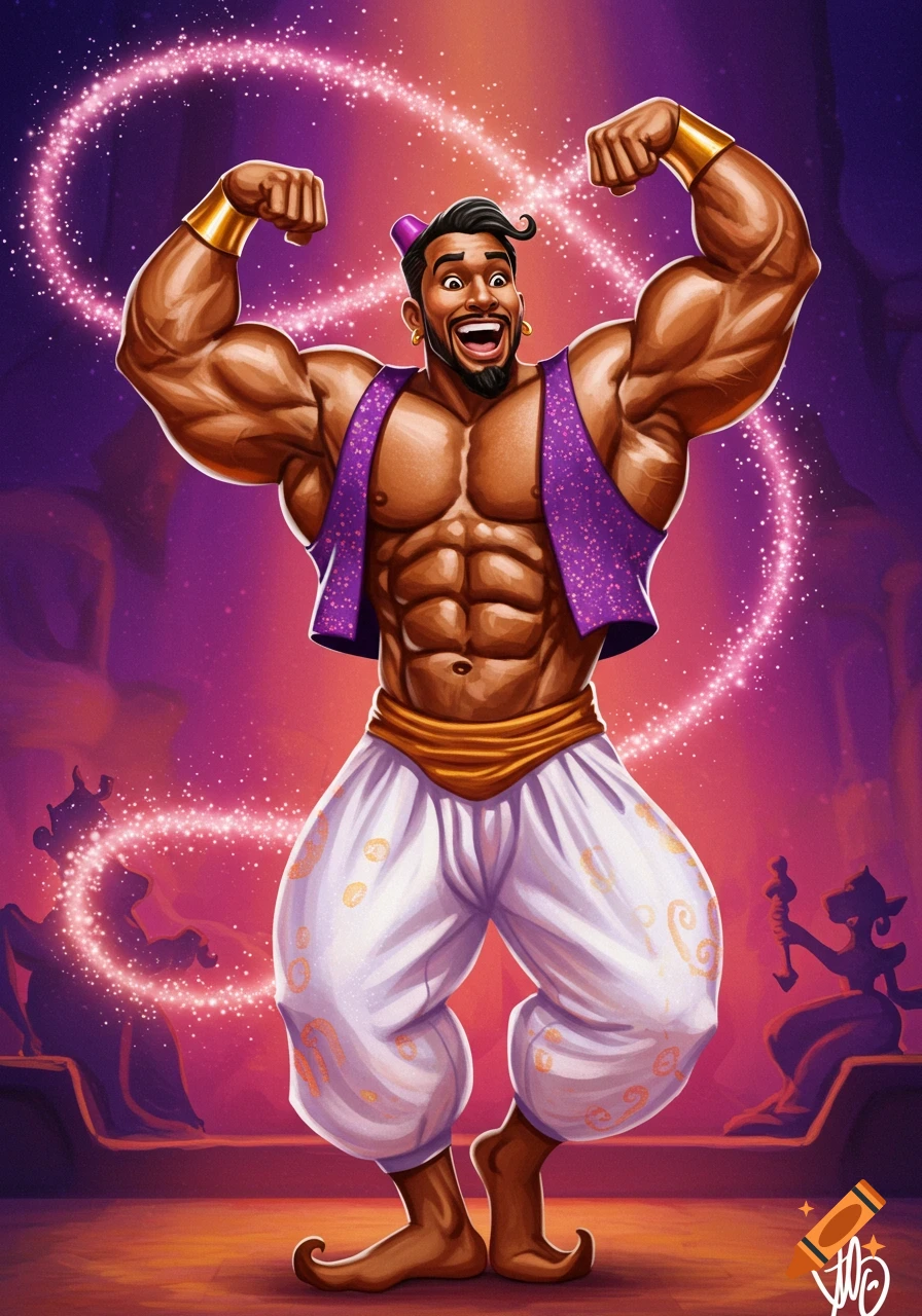 A muscular cartoon man resembling Aladdin flexes in a vibrant purple and orange fantasy setting with glowing magical trails.
