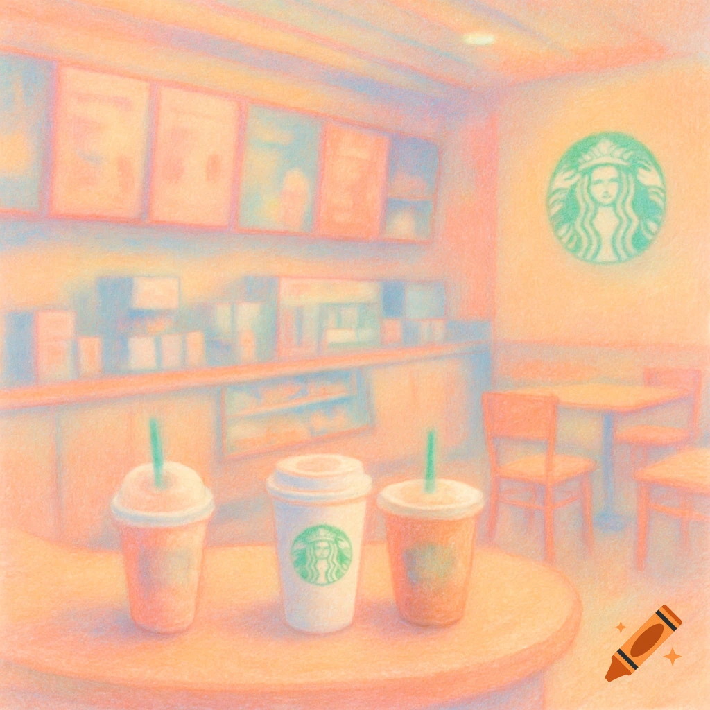 Pastel drawing of a Starbucks cafe interior with three drinks on a table in the foreground.