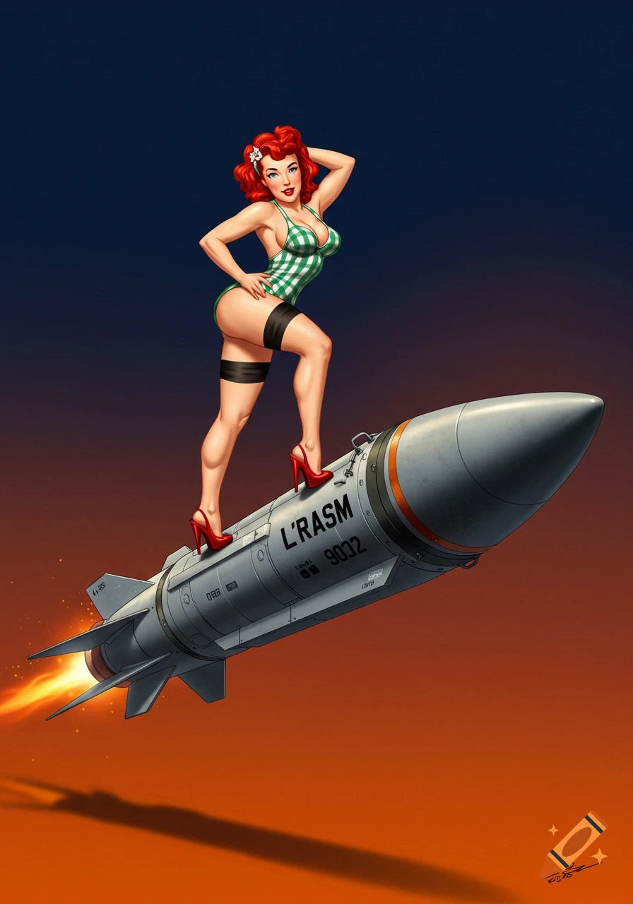Illustration of a retro pinup girl in a green swimsuit standing on a flying missile.