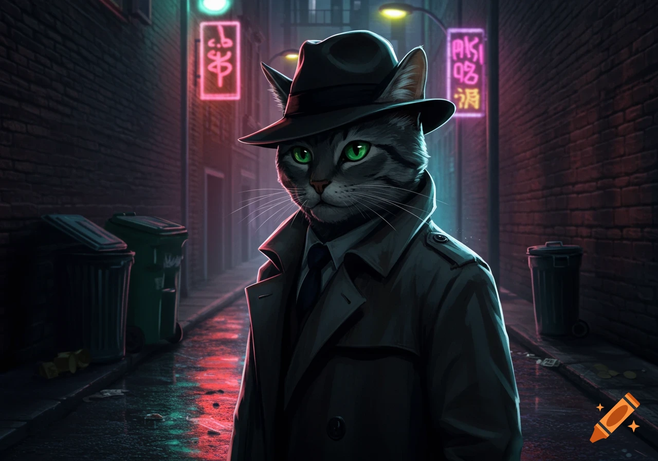 A cat detective in a trench coat and fedora stands in a dark alley with neon lights.