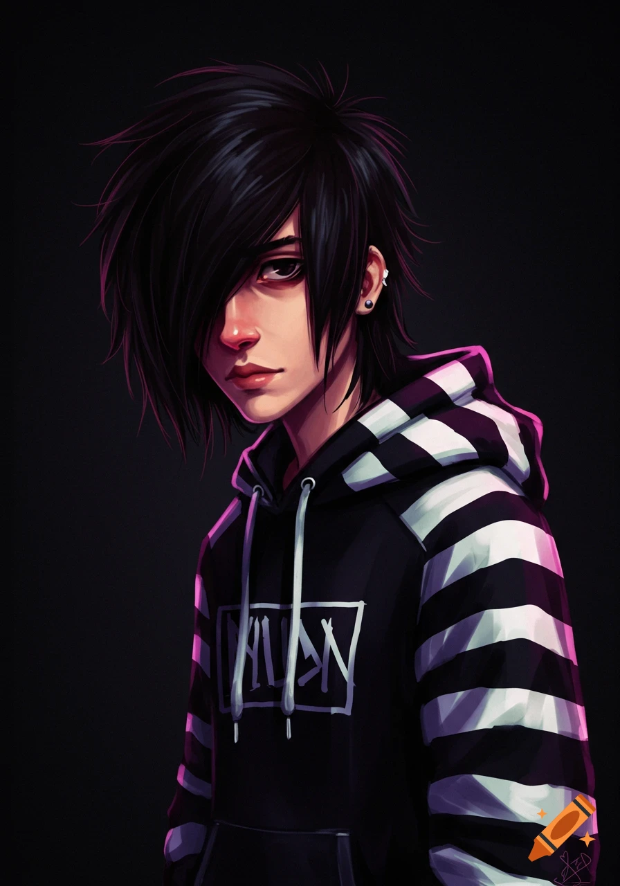 Portrait of an emo boy with black hair covering one eye, wearing a black and white striped hoodie with text.