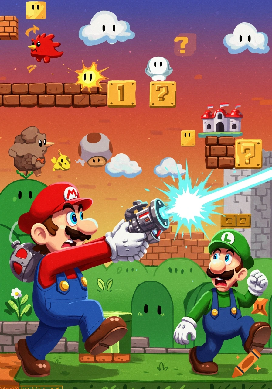 Illustration of Mario shooting Luigi with a laser gun in a Super Mario Bros. level