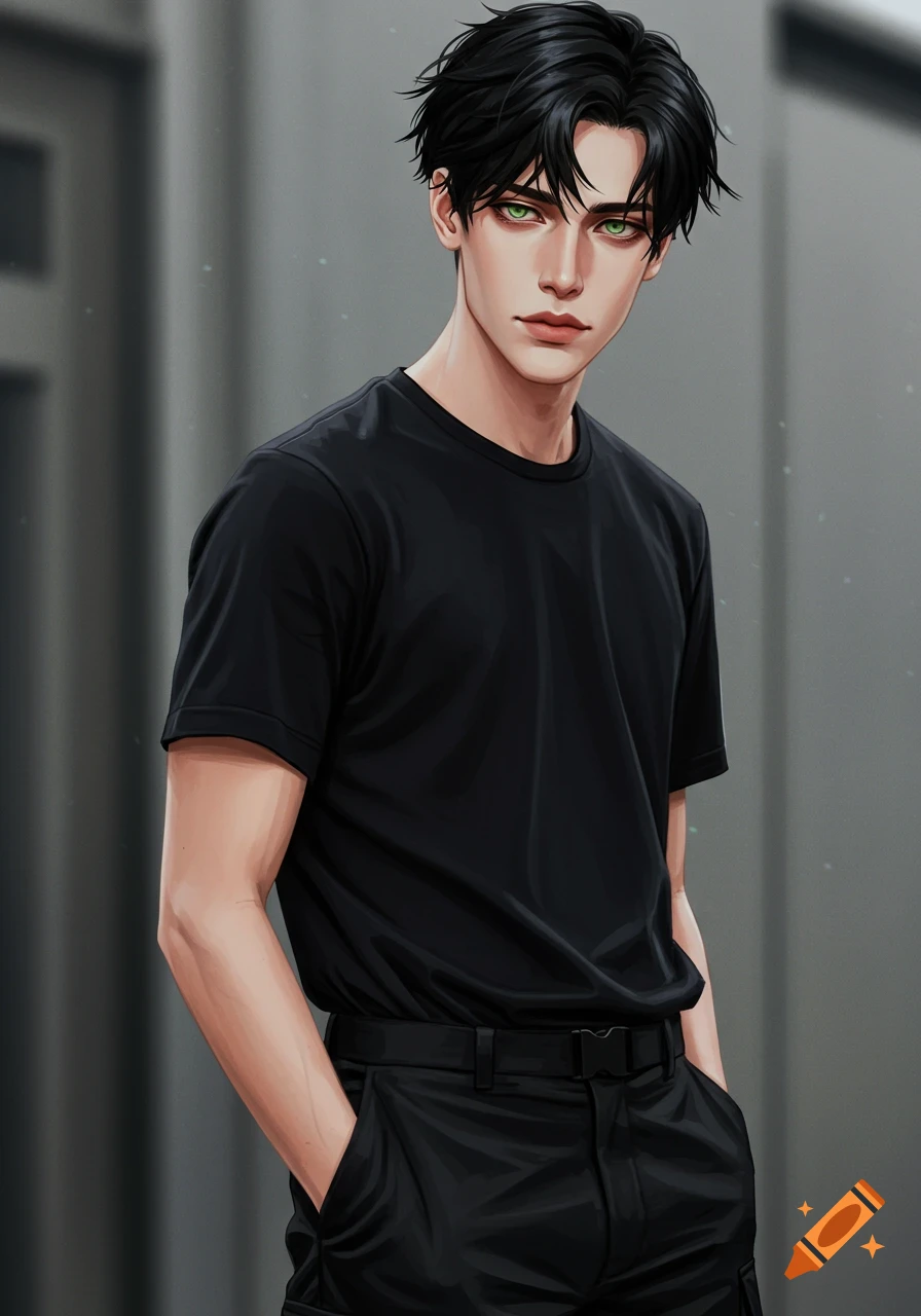 Stylized portrait of a man with black hair and green eyes wearing a black t-shirt and pants, hands in pockets.