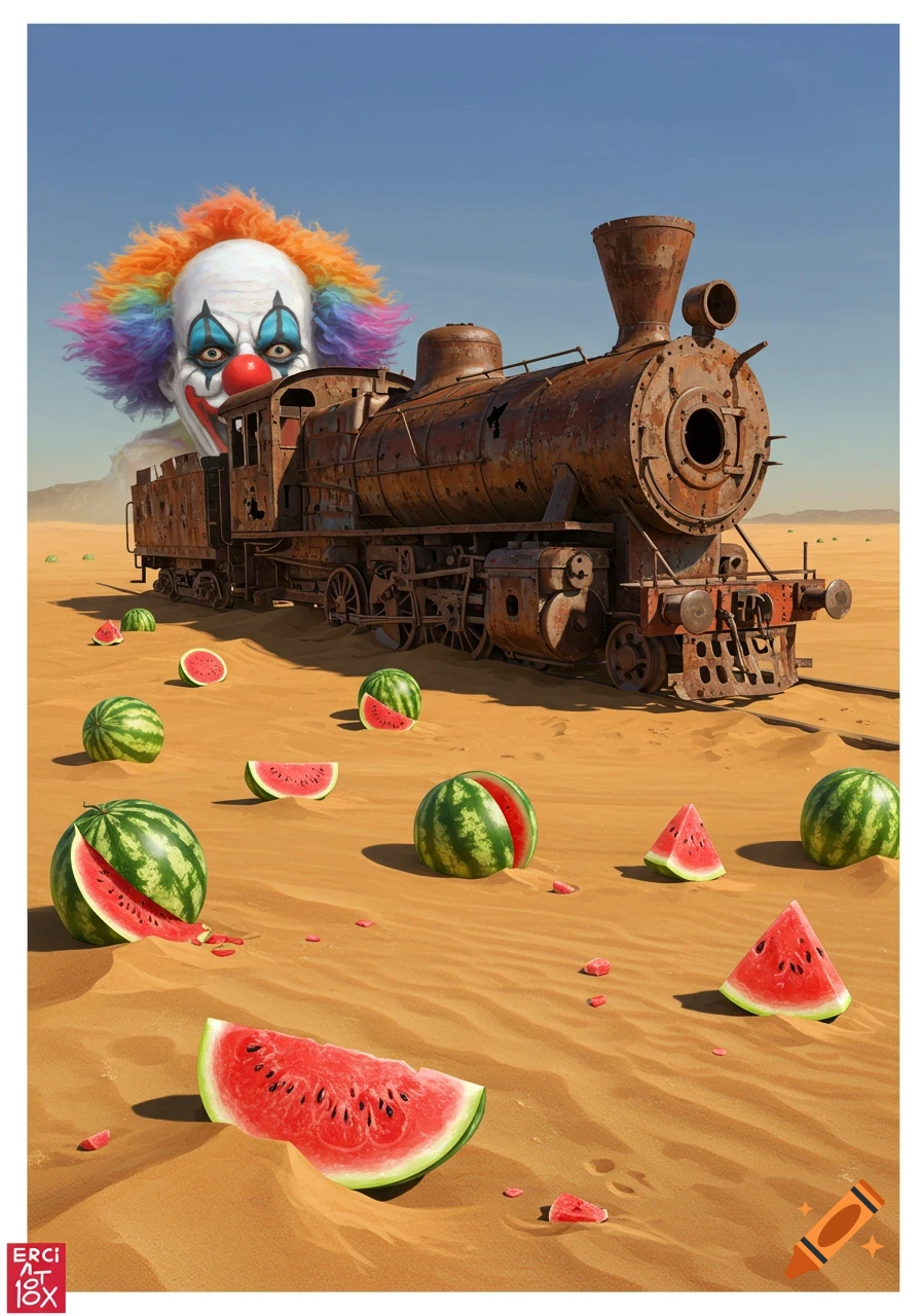 A giant clown head sits on a rusty train in a desert landscape scattered with whole and sliced watermelons.