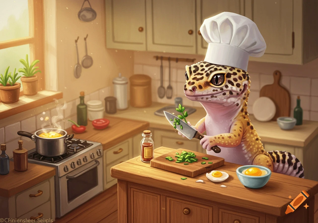 A leopard gecko wearing a chef's hat chops herbs on a cutting board in a cozy kitchen.