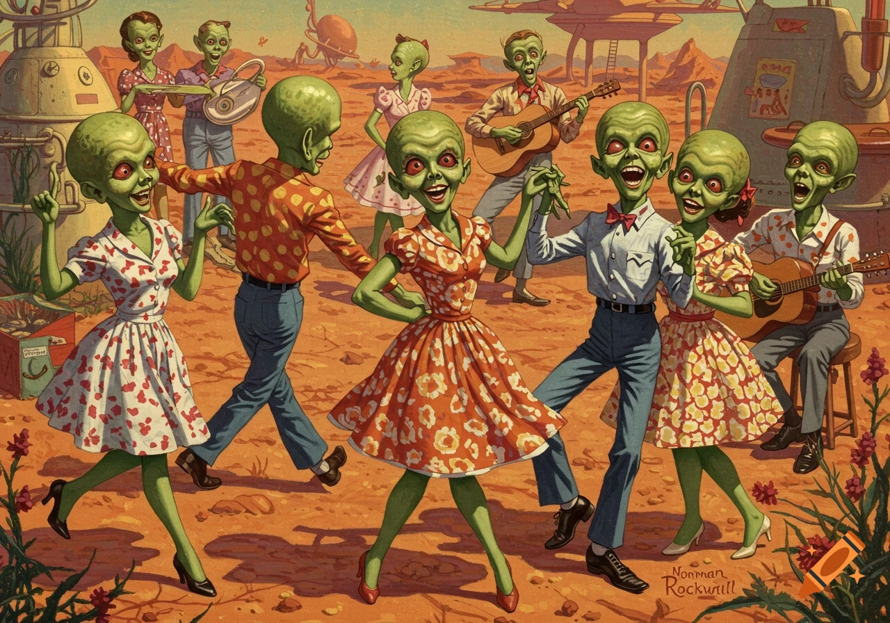 Green aliens square dancing in a desert landscape with retro spaceships, in the style of Norman Rockwell.
