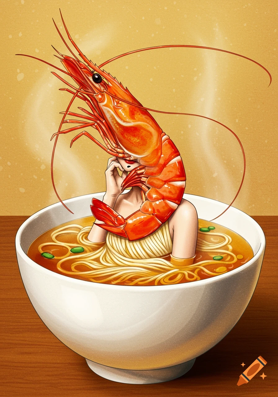 An illustration of a person with a large shrimp for a head, sitting in a bowl of ramen noodles.