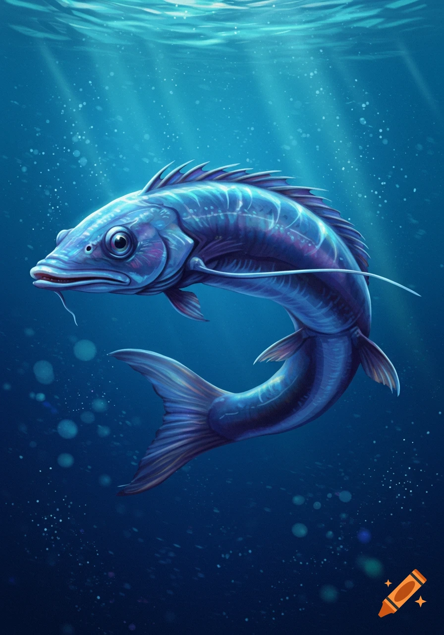 An illustration of a blue fish swimming underwater