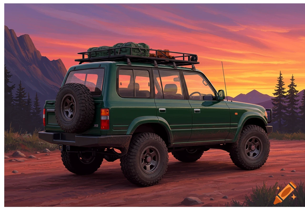 A green 4-door Toyota Land Cruiser SUV with a roof rack and spare tire parked on a dirt road at sunset. Mountains and trees are in the background.