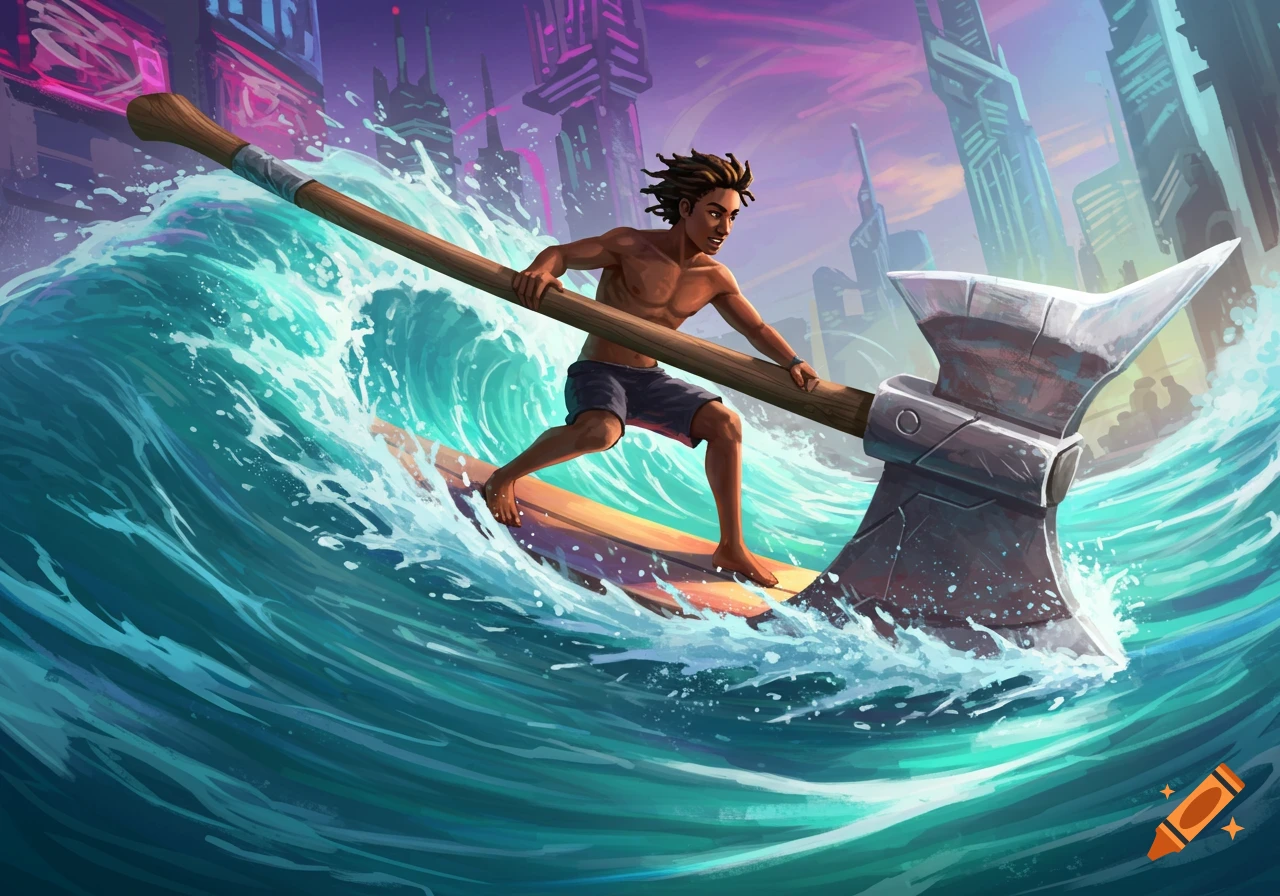 A man surfs a wave on a giant demolition axe with futuristic buildings in the background.