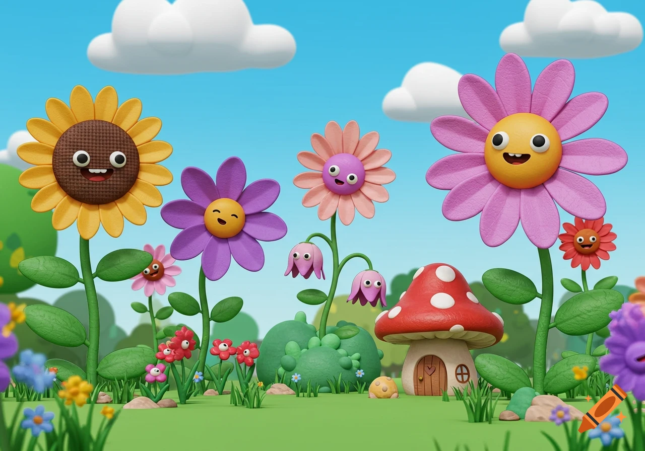 A vibrant, cartoony 3D garden scene featuring smiling flowers of various colors, a charming mushroom house, green grass, and fluffy clouds in a bright blue sky.