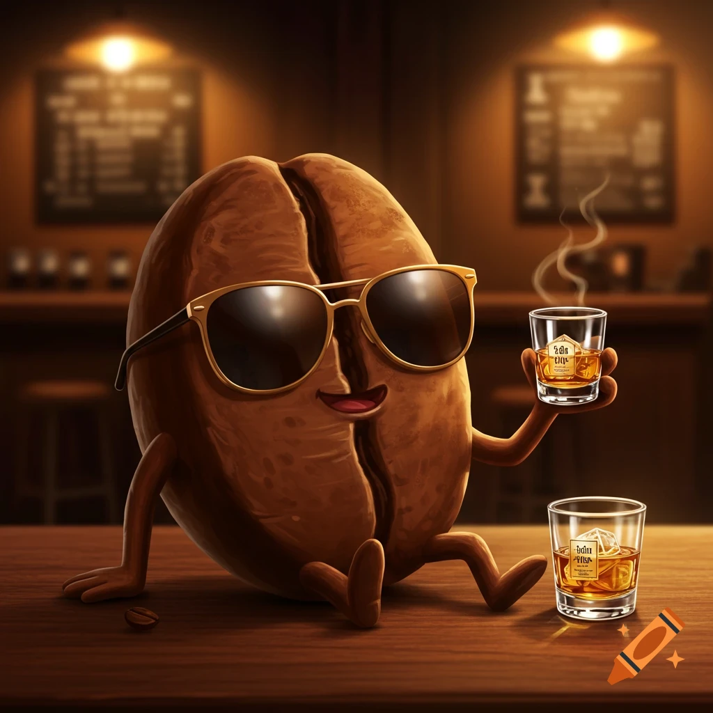 A cartoon coffee bean wearing sunglasses sits at a bar holding a drink