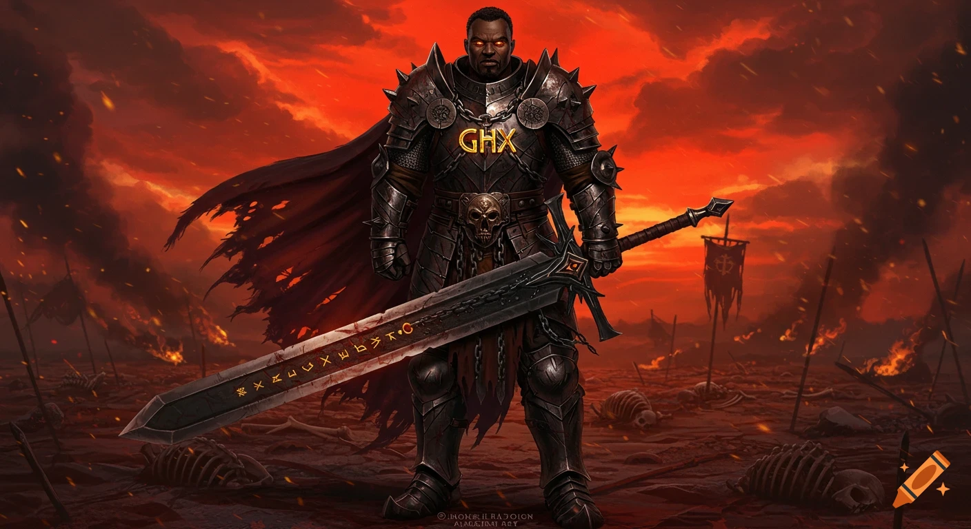 A fierce warrior in dark armor stands on a bone-littered battlefield under a blood-red sky, holding a large rune-etched greatsword.