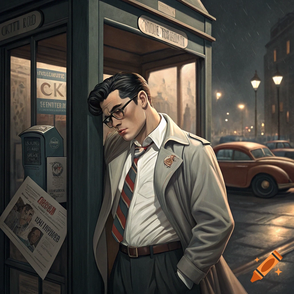 A man in a trench coat and glasses leans against a phone booth in the rain in a 1950s city.