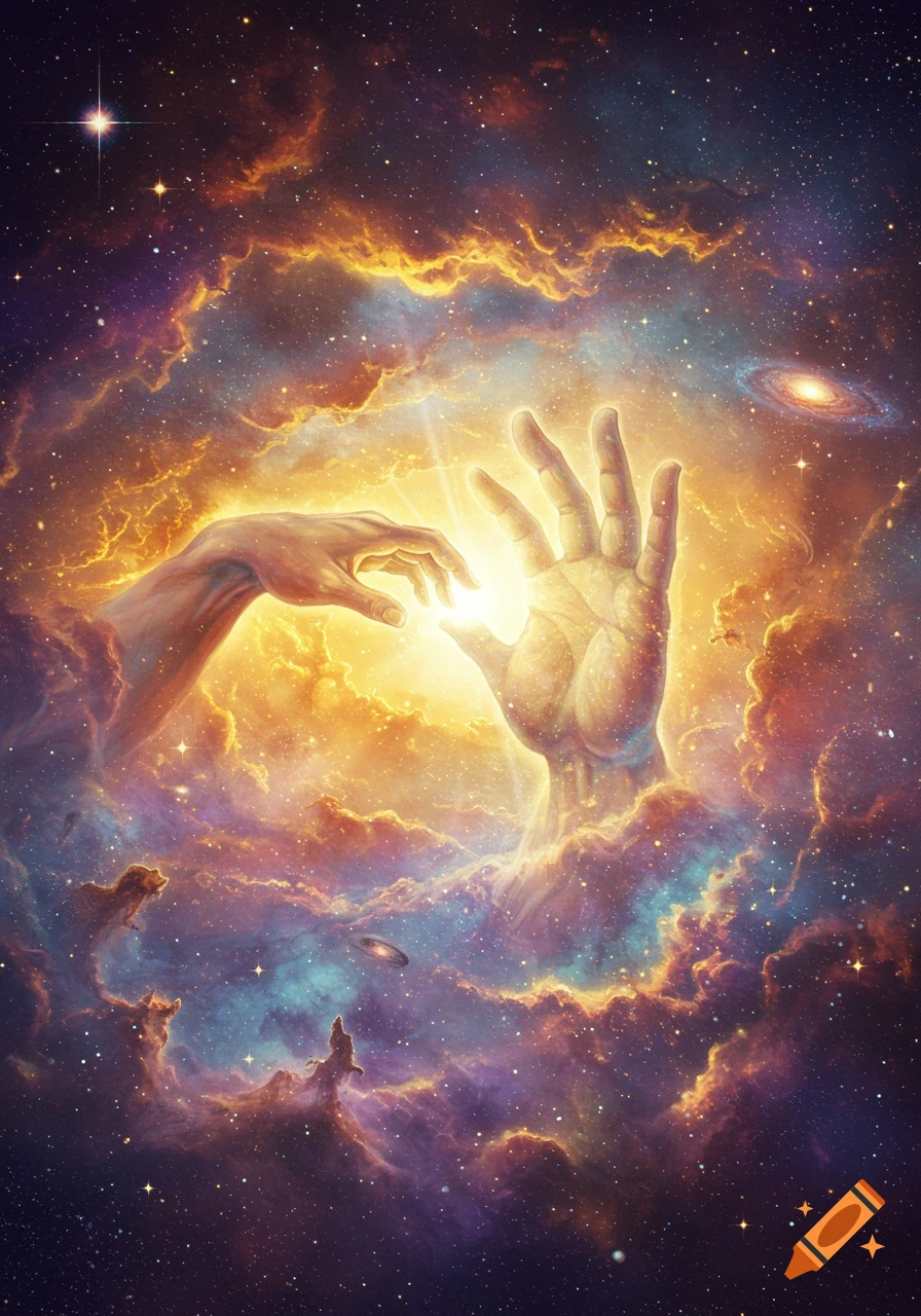 Two hands reaching in a vibrant cosmic nebula filled with stars and galaxies.