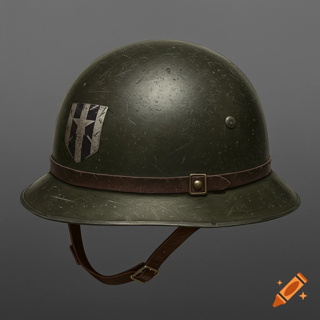 A worn green military helmet with a crest on the side and a leather chin strap and band.