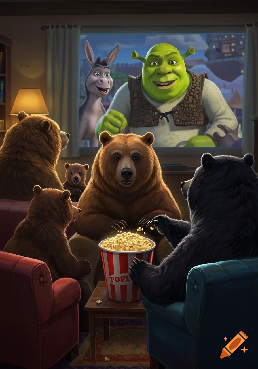 Cartoon bears sit on couches watching Shrek and Donkey on a screen while eating popcorn
