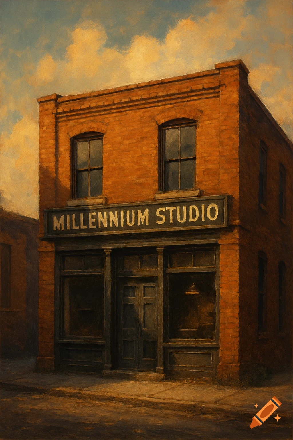 Painterly depiction of a brick building with a 'Millennium Studio' sign.