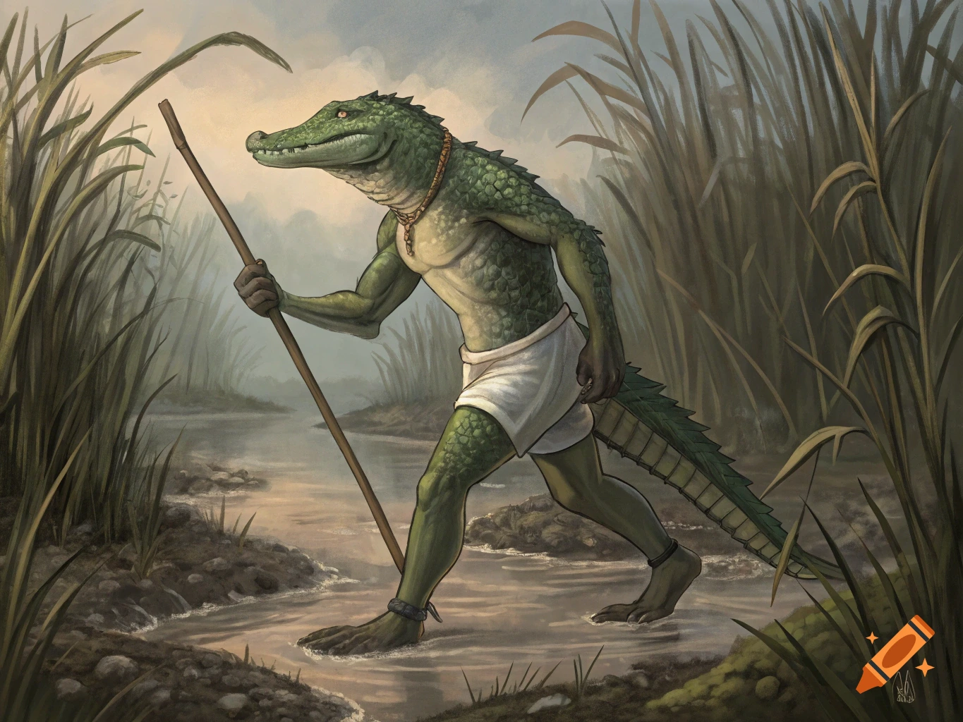 Illustrative painting of a humanoid crocodile with a walking stick wading through a swamp.