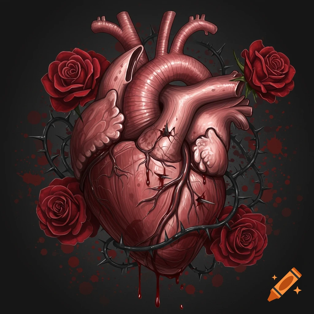 Anatomical heart wrapped in thorny vines with red roses and blood drops, illustration