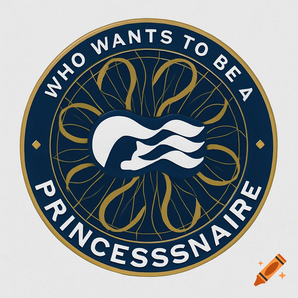 Round logo with text WHO WANTS TO BE A PRINCESSNAIRE and a white wave symbol on a blue and gold background.
