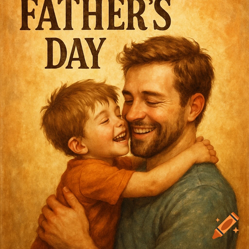 Father and son hugging, smiling, with FATHER'S DAY text above, in a textured illustration style.