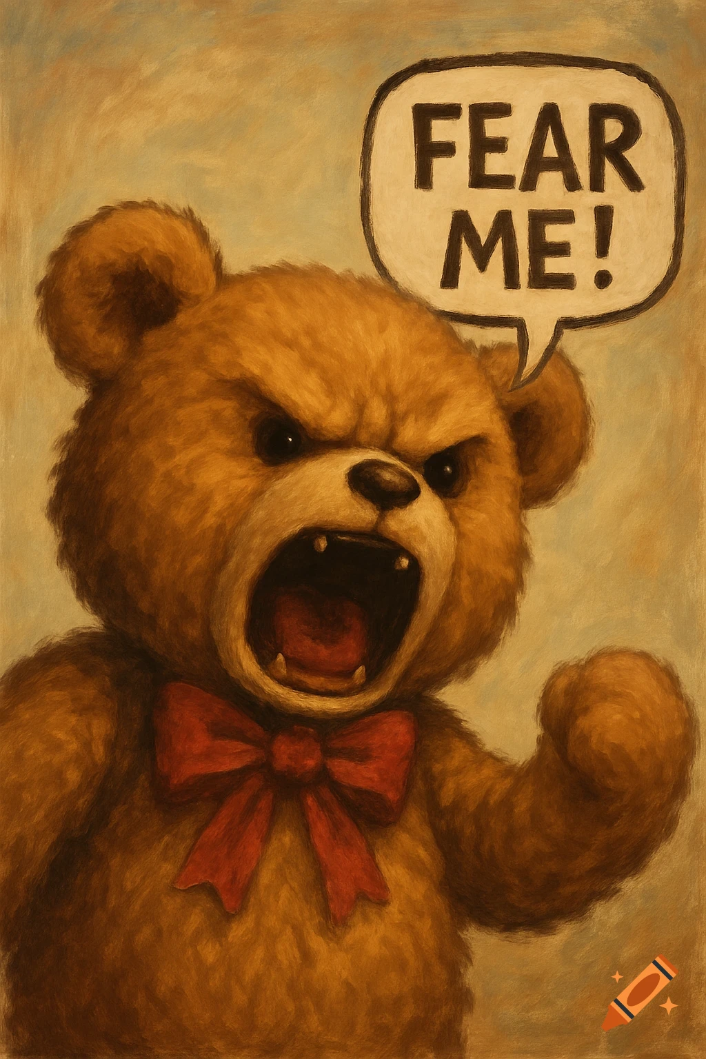 Painting of an angry teddy bear shouting 'FEAR ME!' from a speech bubble.