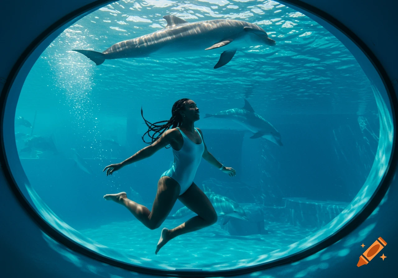 A woman swims underwater with dolphins in a large circular viewing window.