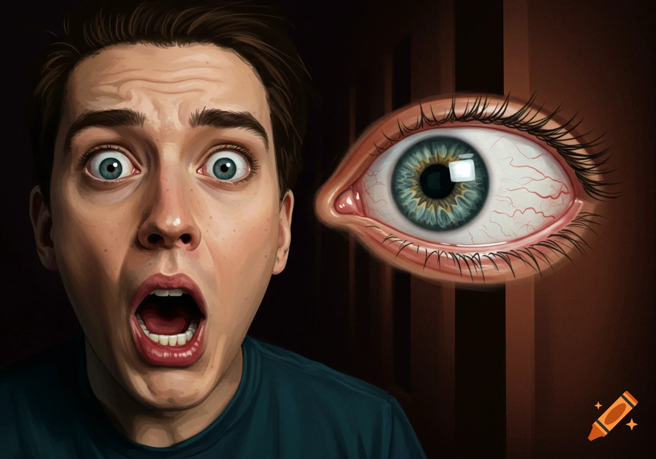 Illustration of a surprised man with a large, veiny eye floating next to his face.