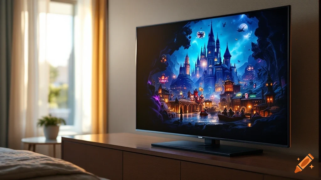 A television screen in a room displays a vibrant fantasy scene of a castle and city.