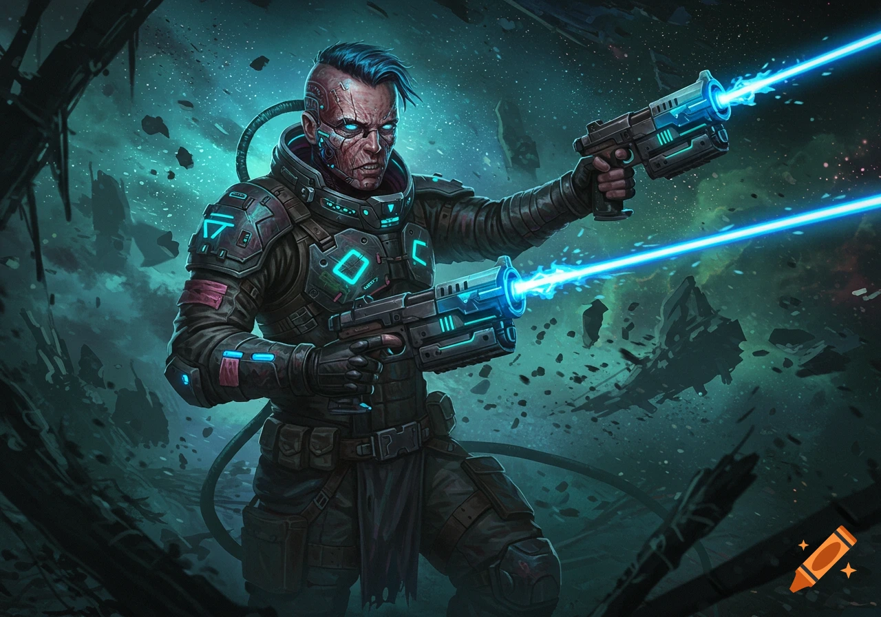 A cyberpunk space pirate stands amidst debris, firing two laser pistols.