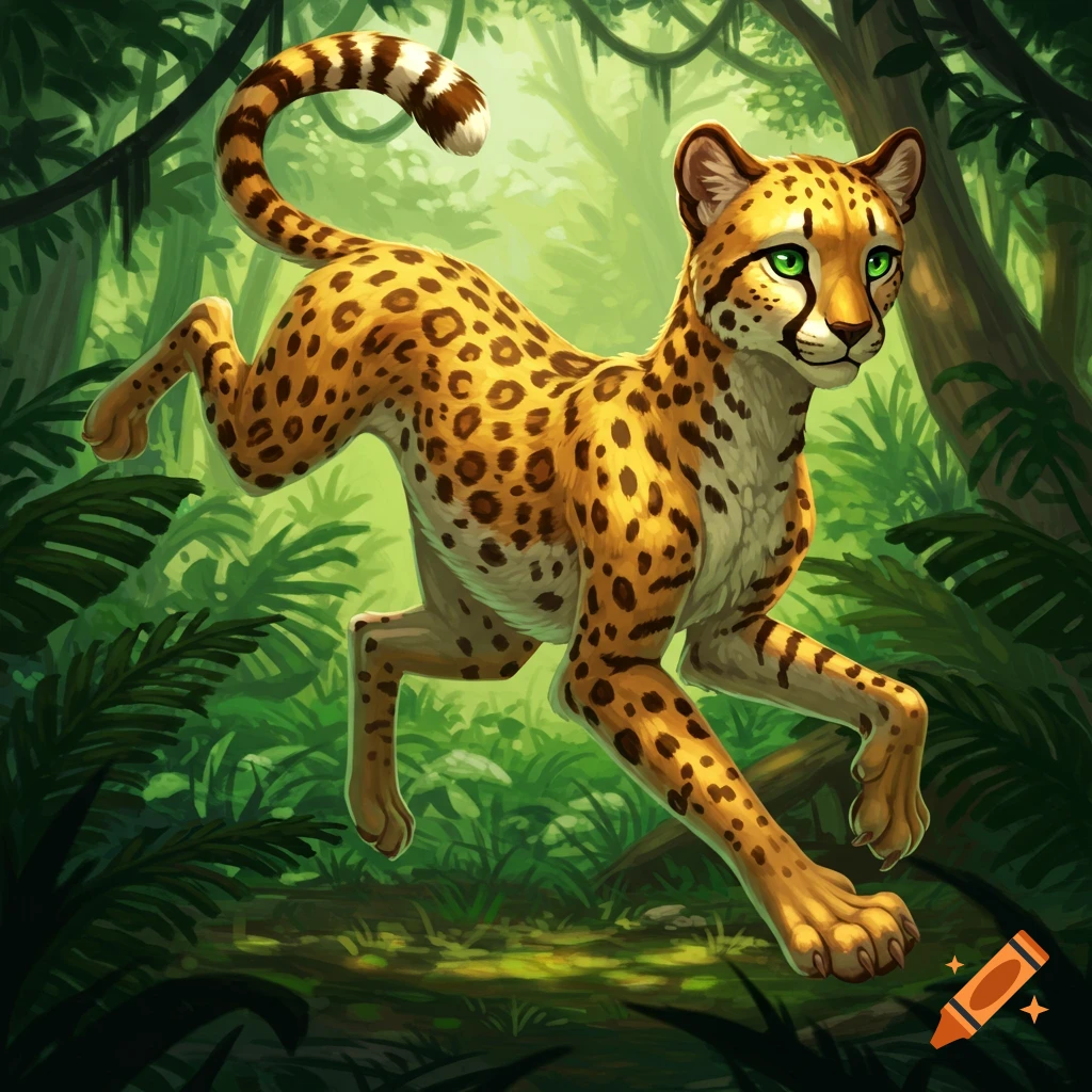 A stylized cheetah runs through a lush green jungle.