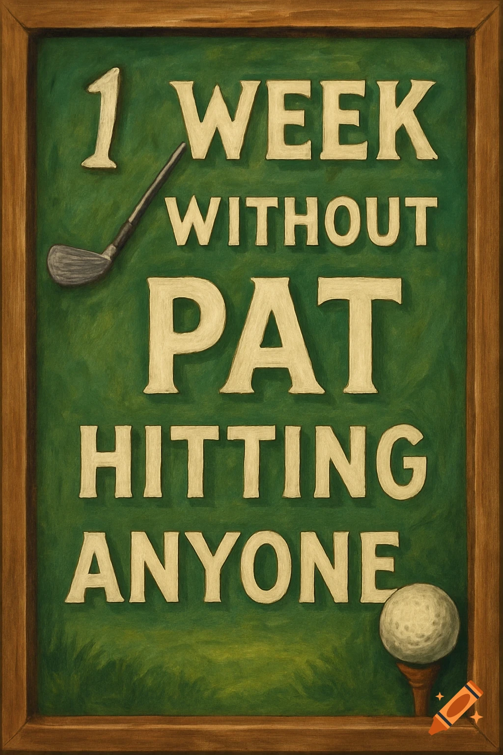 Painted sign saying '1 week without Pat hitting anyone' with a golf club and ball.