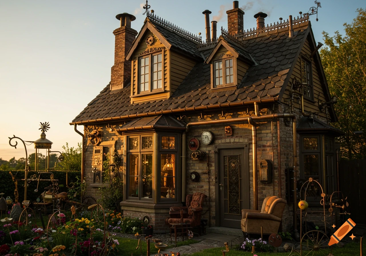 Photorealistic image of a steampunk house with pipes and gears, surrounded by a garden.