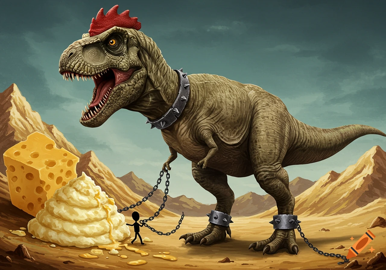A T-Rex with a chicken head is chained to a stick figure near a block of cheese and mashed potatoes in a desert.