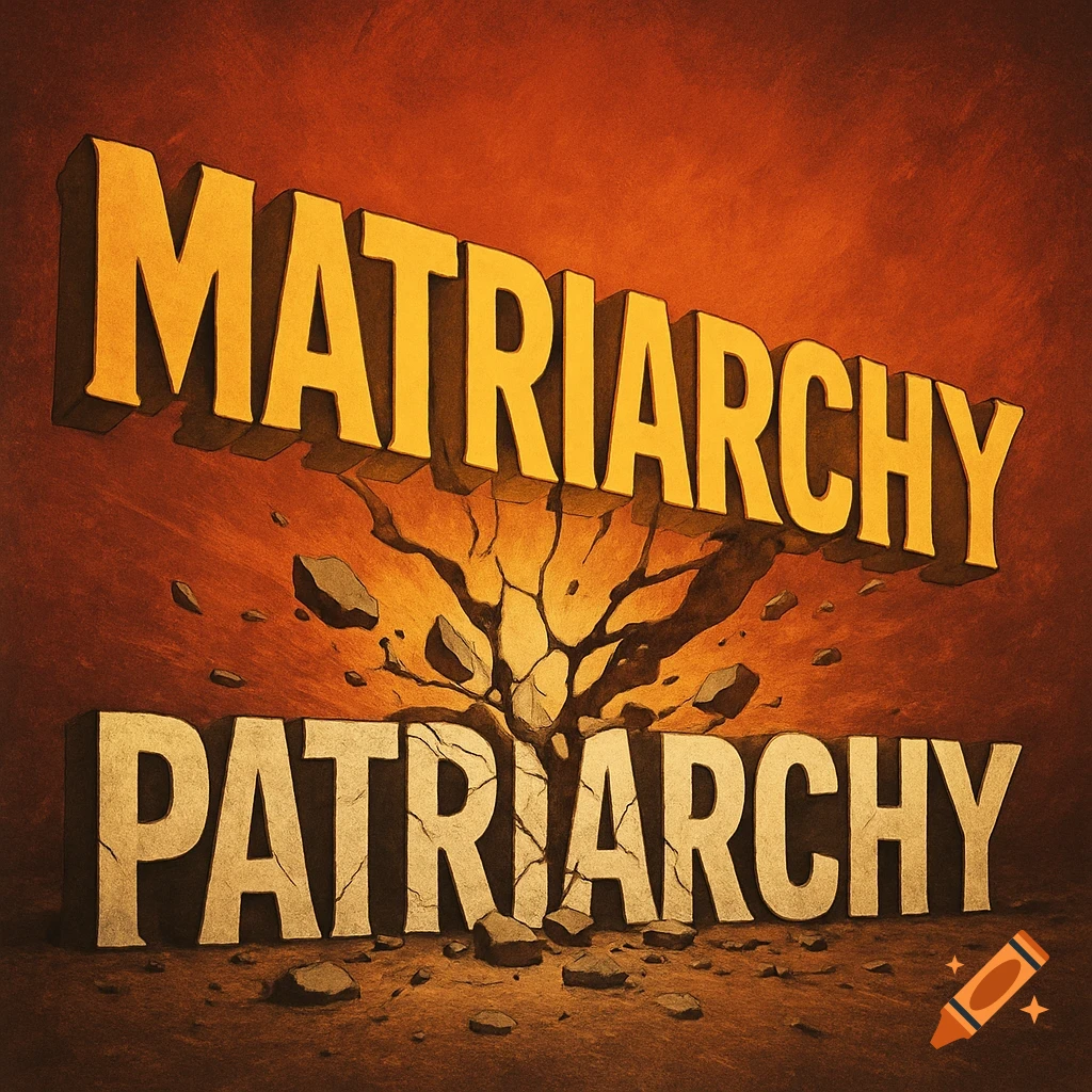 The word 'MATRIARCHY' smashing down on the word 'PATRIARCHY', causing the ground to break apart.