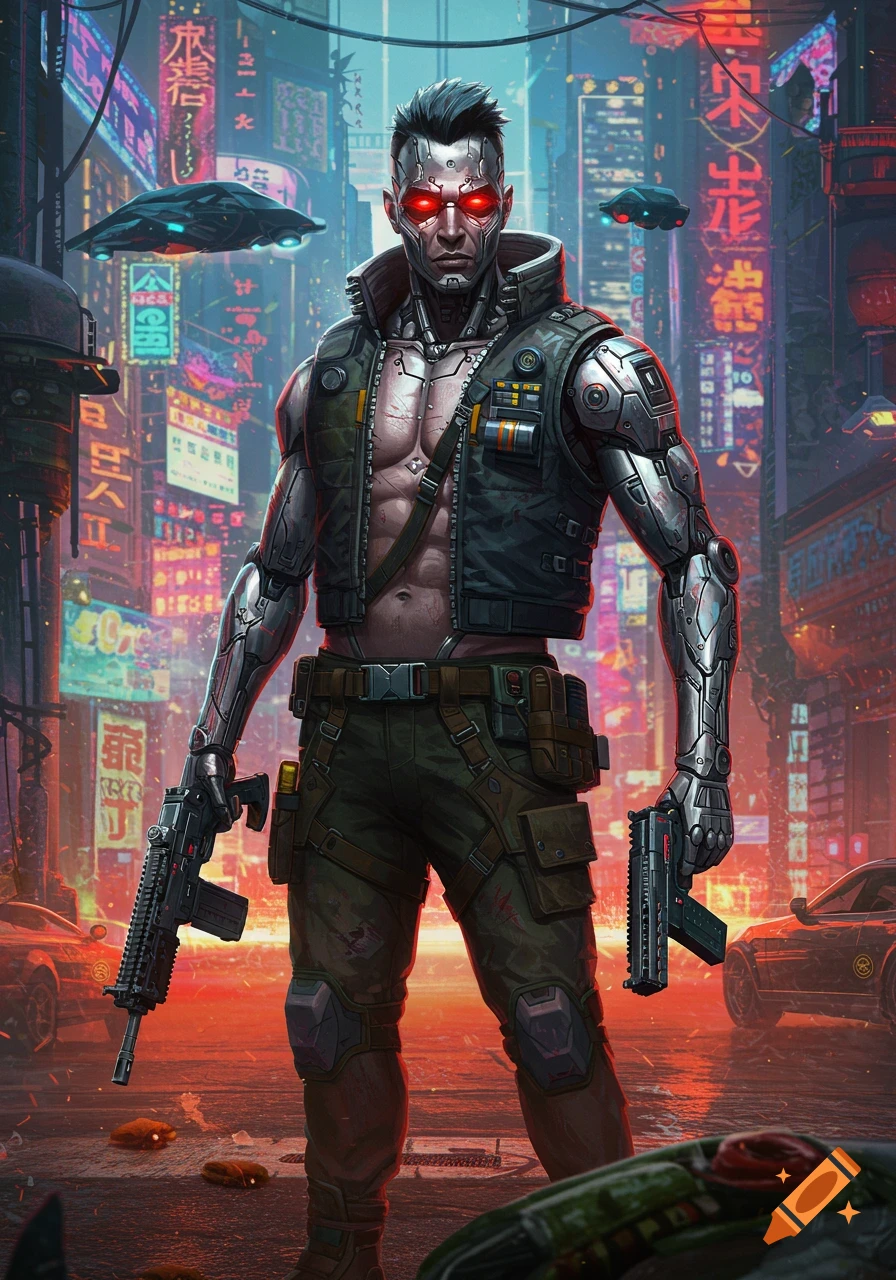 Cyberpunk character with metallic arms and glowing red eyes holds guns in futuristic city.