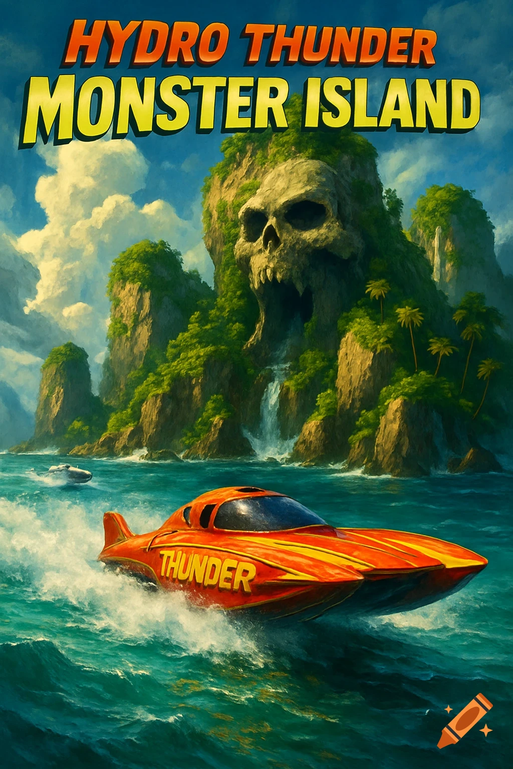 Speed boat racing towards a skull-shaped island with 'Hydro Thunder Monster Island' text overlay.