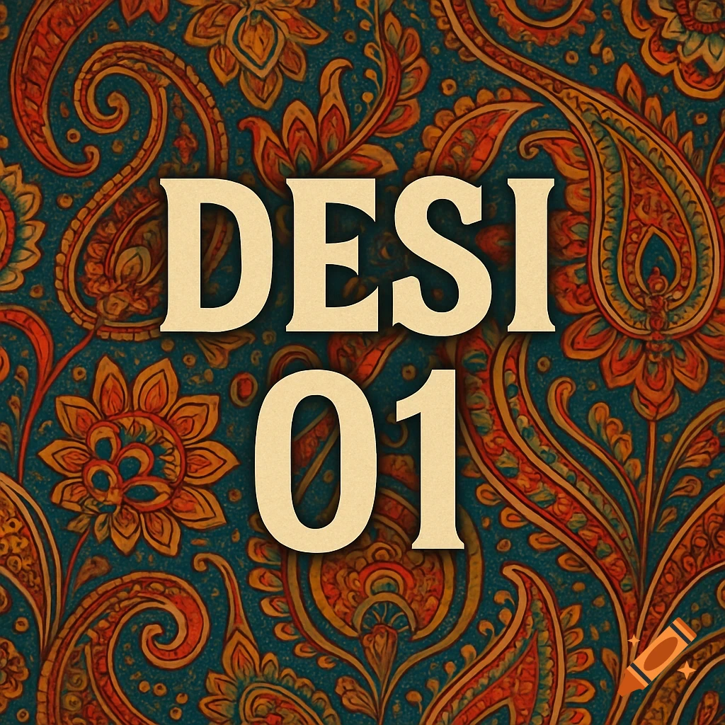 Indian-inspired paisley pattern background with the text DESI 01