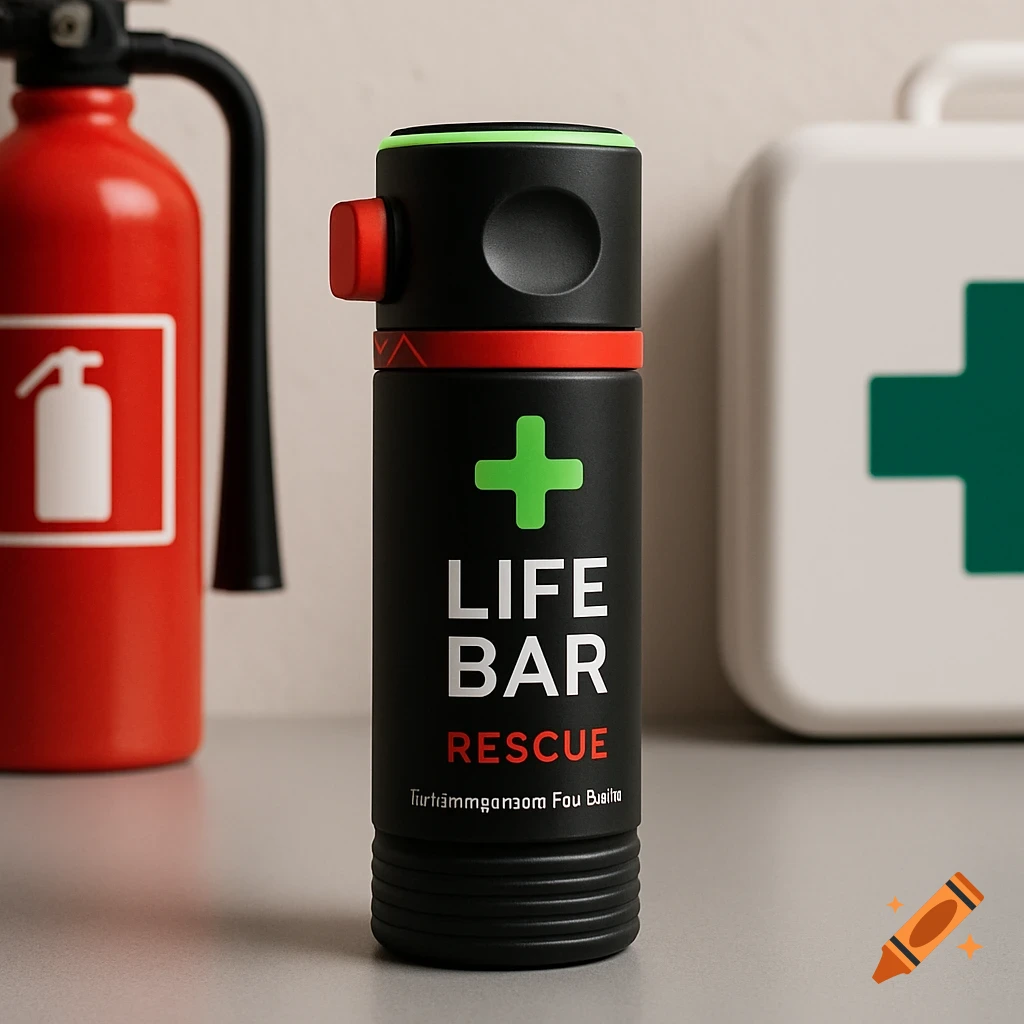 A black cylindrical emergency oxygen device labeled "LIFE BAR RESCUE" next to a red fire extinguisher and a first aid kit.