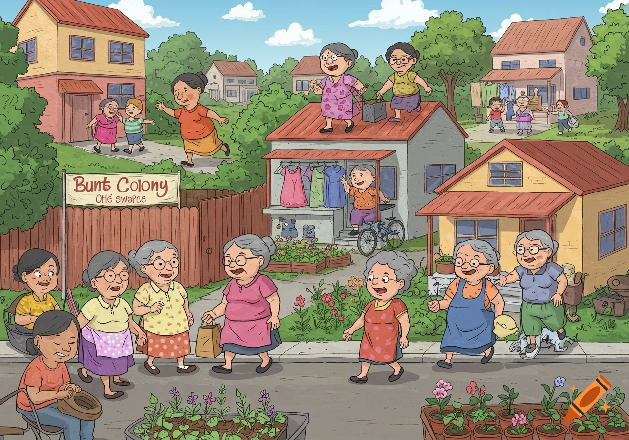 Cartoon illustration of busy older people in a colorful neighborhood with houses and gardens.