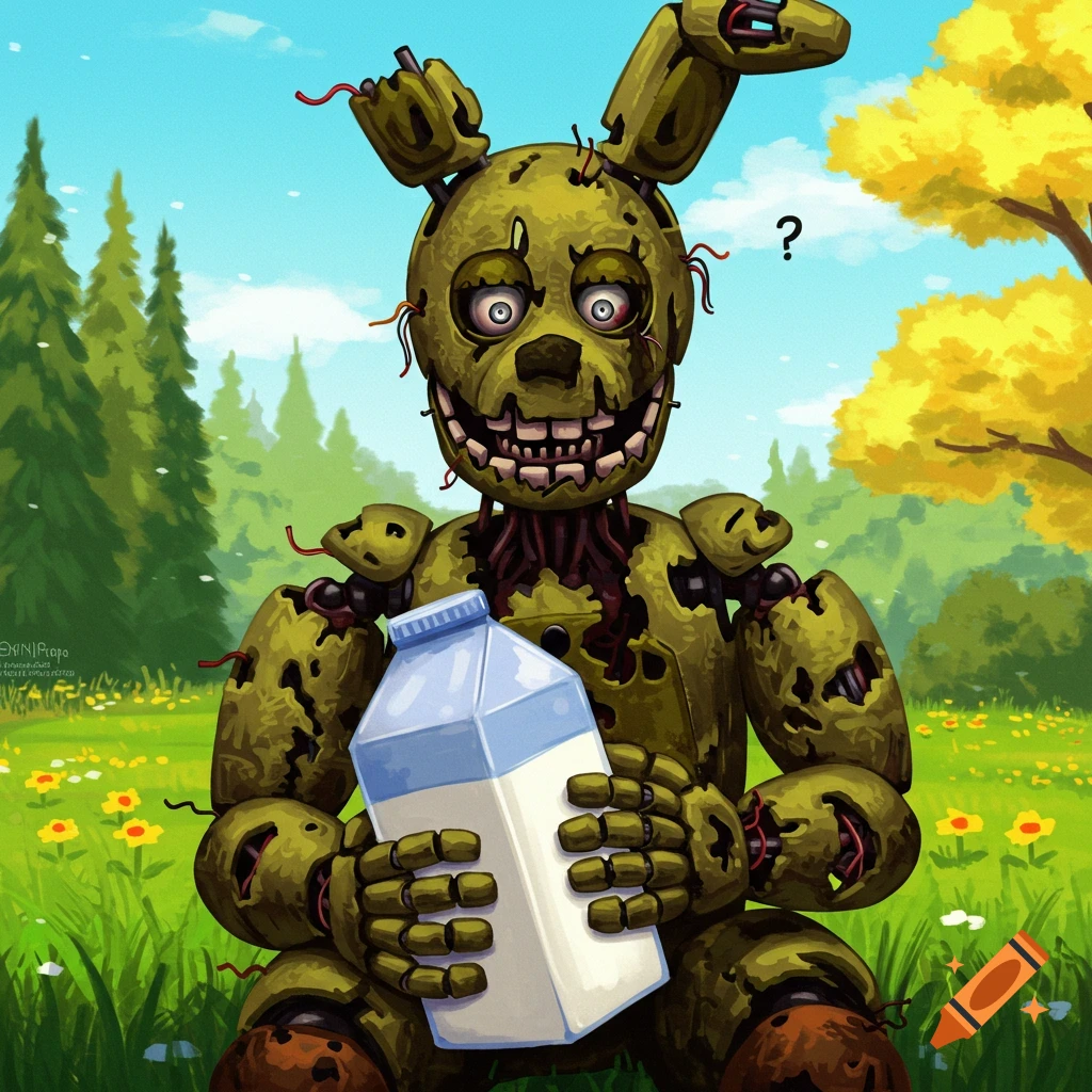 Illustration of Springtrap from Five Nights at Freddy's sitting in a field holding a milk carton.