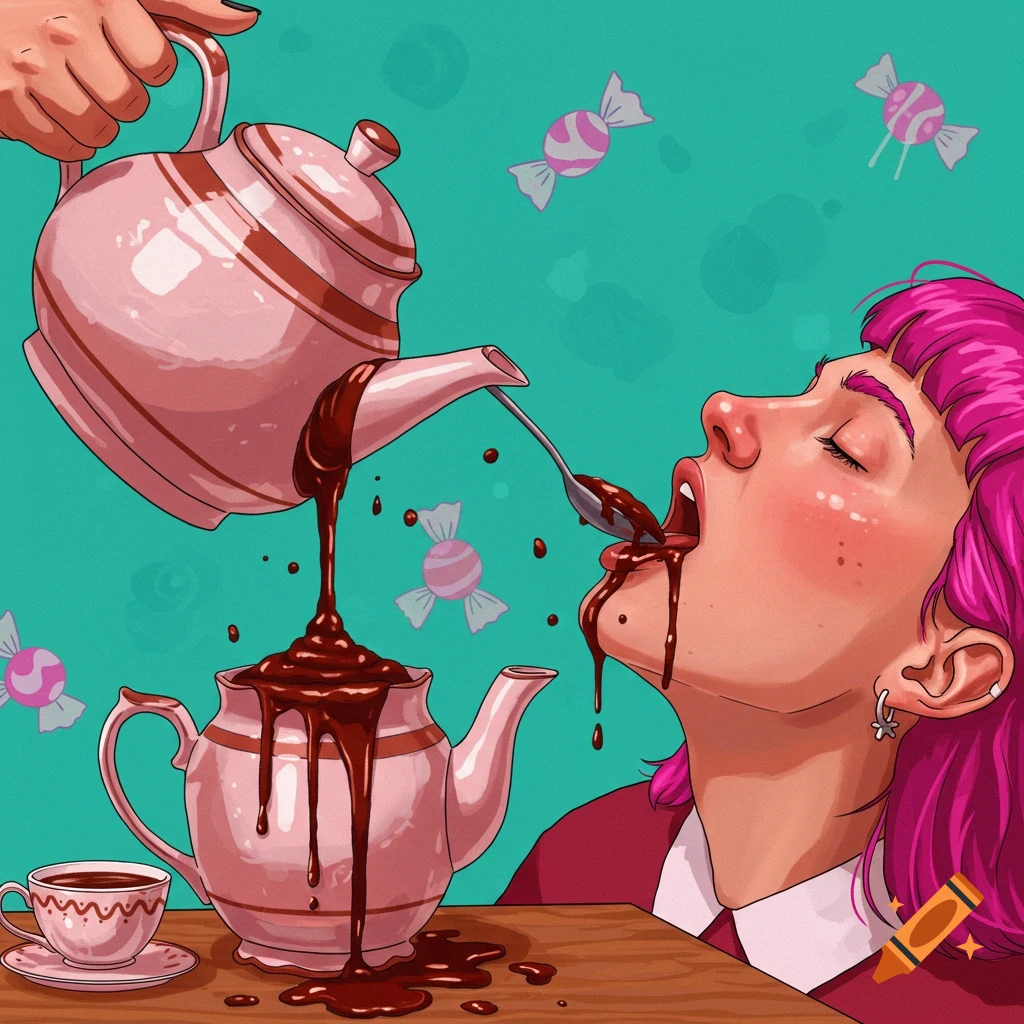 Illustration of a person drinking dripping chocolate from a spoon while a teapot pours into another, surrounded by candies.