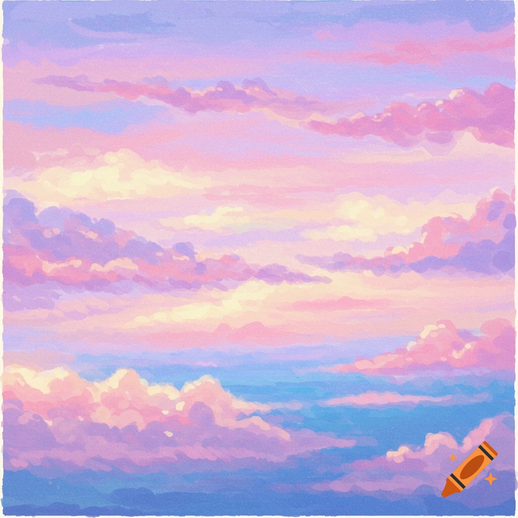 A pastel painting of a sunset sky with pink, purple, and blue clouds.