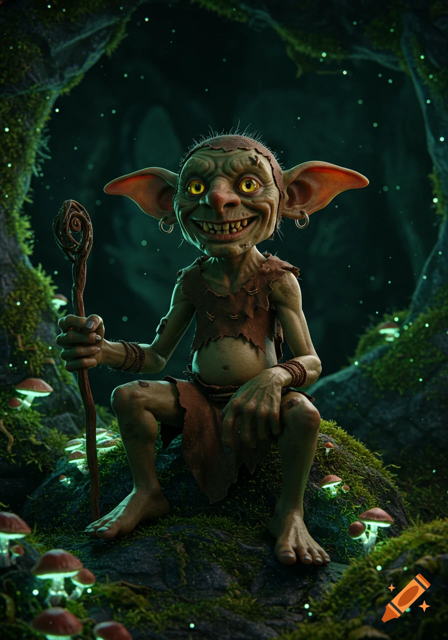 A 3D render of a smiling goblin holding a staff, sitting on mossy rocks in a cave surrounded by glowing mushrooms.