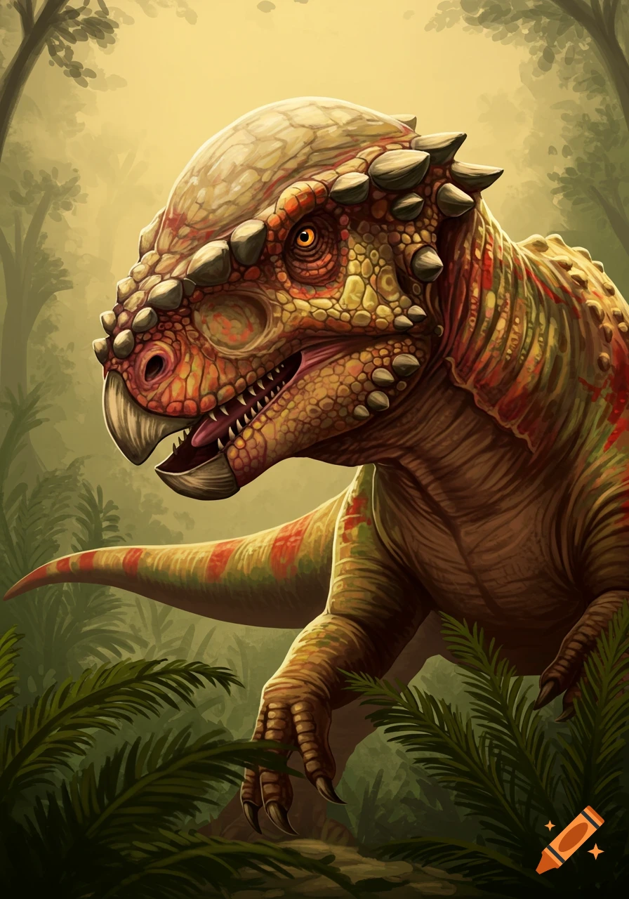 Detailed illustration of a Pachycephalosaurus dinosaur in a jungle setting.