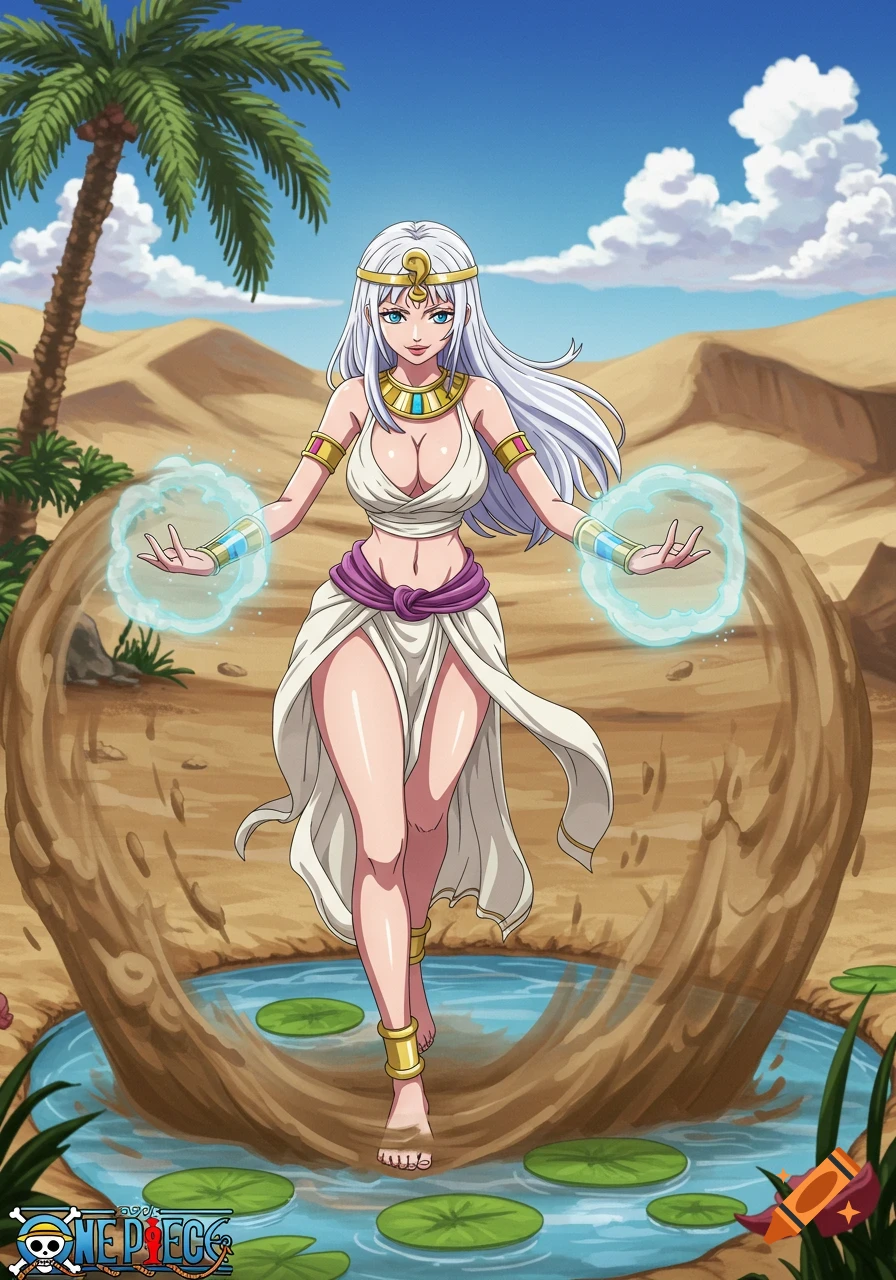 Anime female character in Egyptian outfit using powers in desert oasis pond