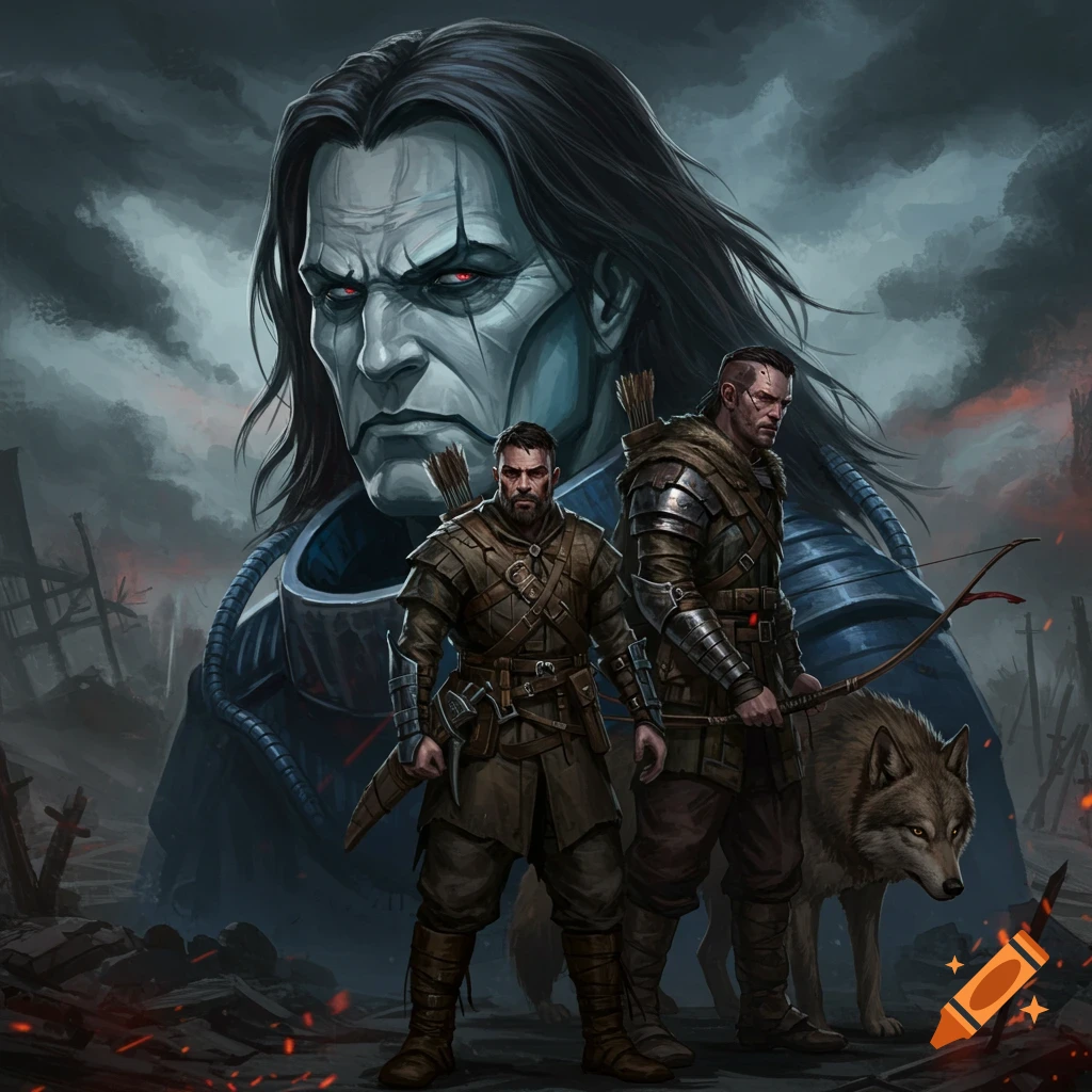 Dark fantasy illustration of two hunters and a wolf in a ruined landscape beneath a giant looming figure.